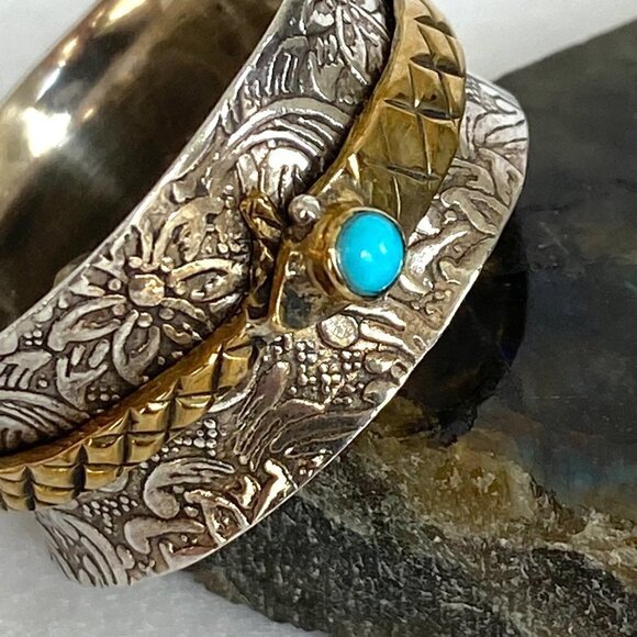 Sterling Silver 925 Embossed Brass Snake Turquoise Wide Spinner Band Ring 14.5 - Picture 6 of 16
